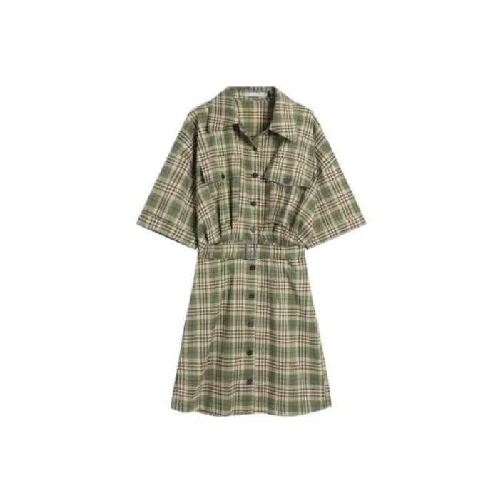 DIALOGUE Short-Sleeved Dresses Women's Sage Green Plaid