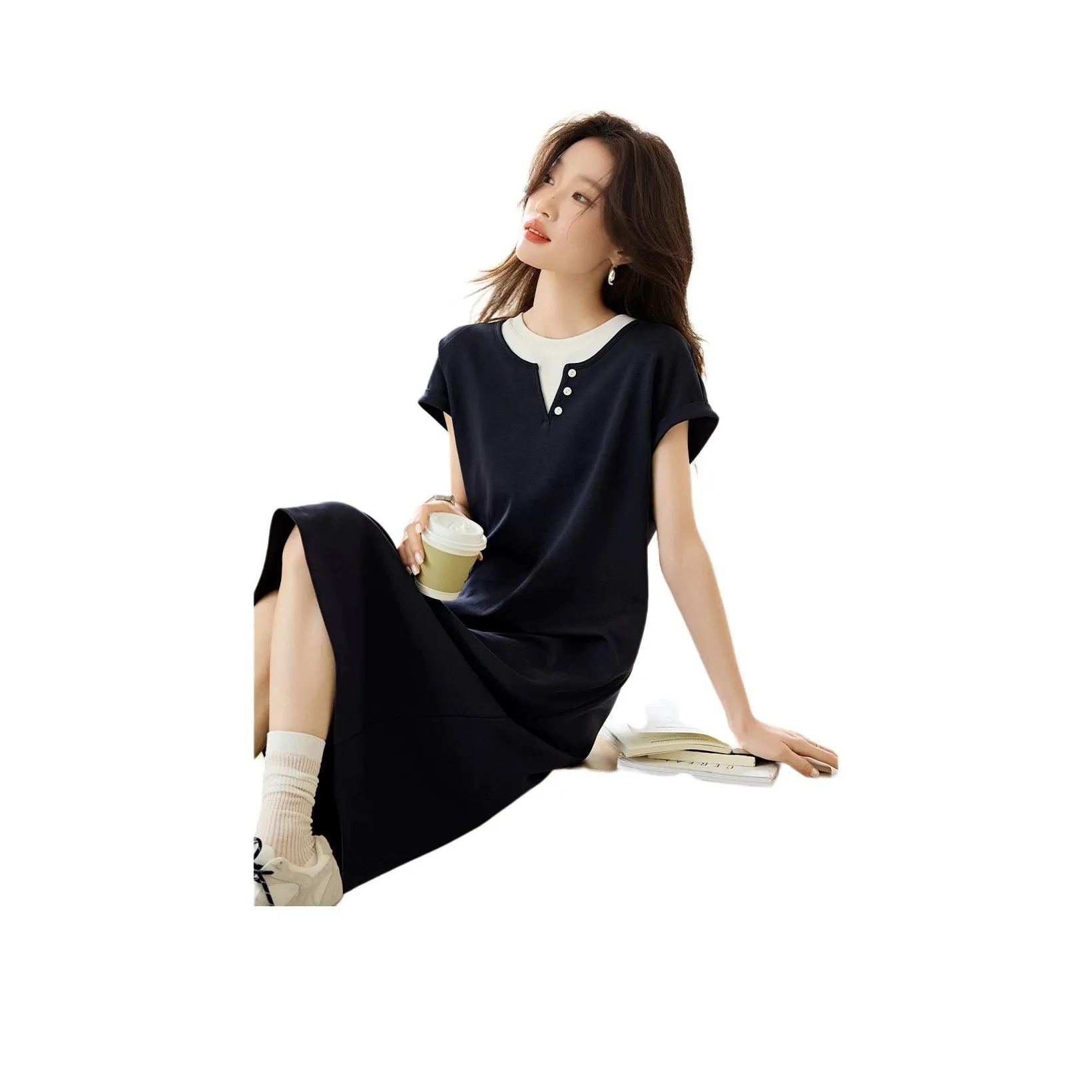 Mo Han Yi Mei Короткий рукав Платье Женское Темно-синий