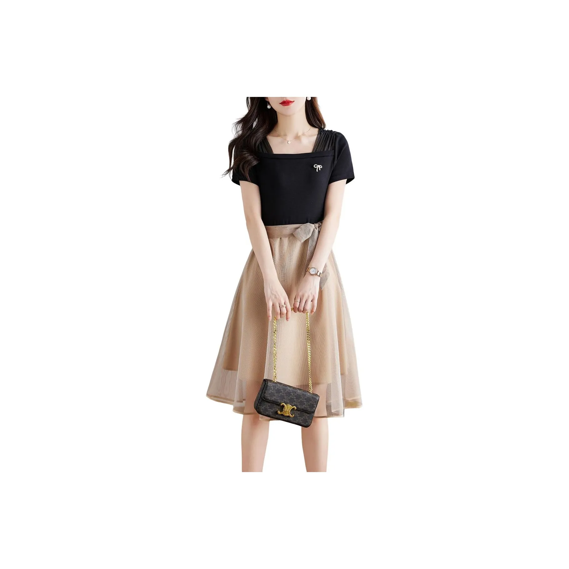 Still Quiet Short Sleeved Dress Women's Black+Champagne