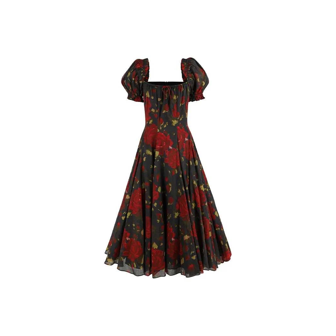 Selkie Collection SS25 Short Sleeved Dress Women's Red Rose Print Under The Night