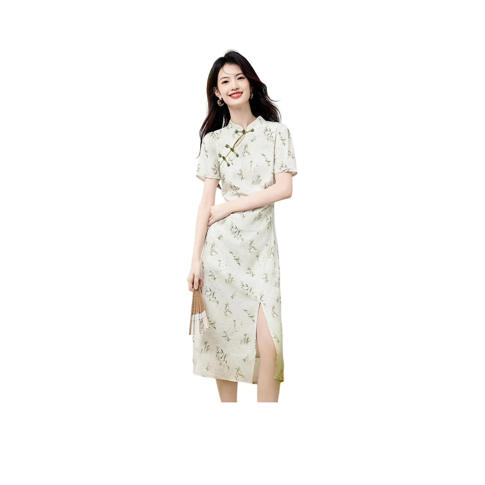 XINFEIYU Short Sleeved Dress Women's Bamboo Green
