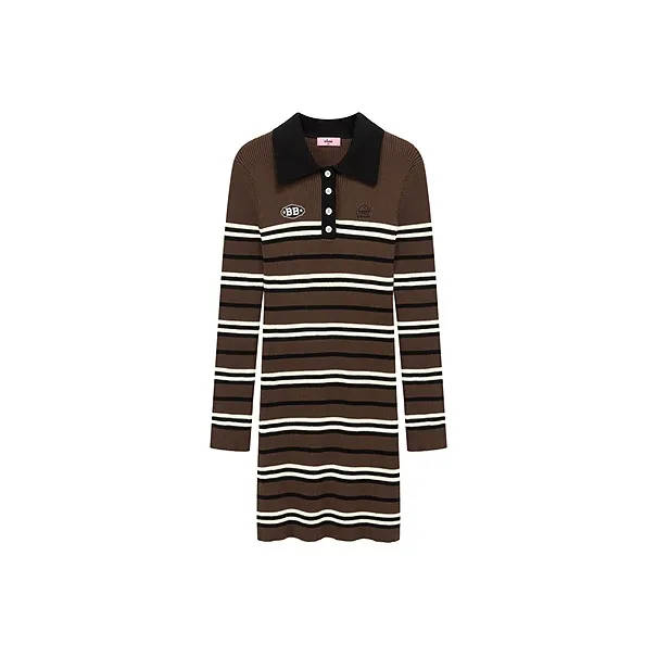 CHUU Long Sleeved Dress Women's Coffee Stripes