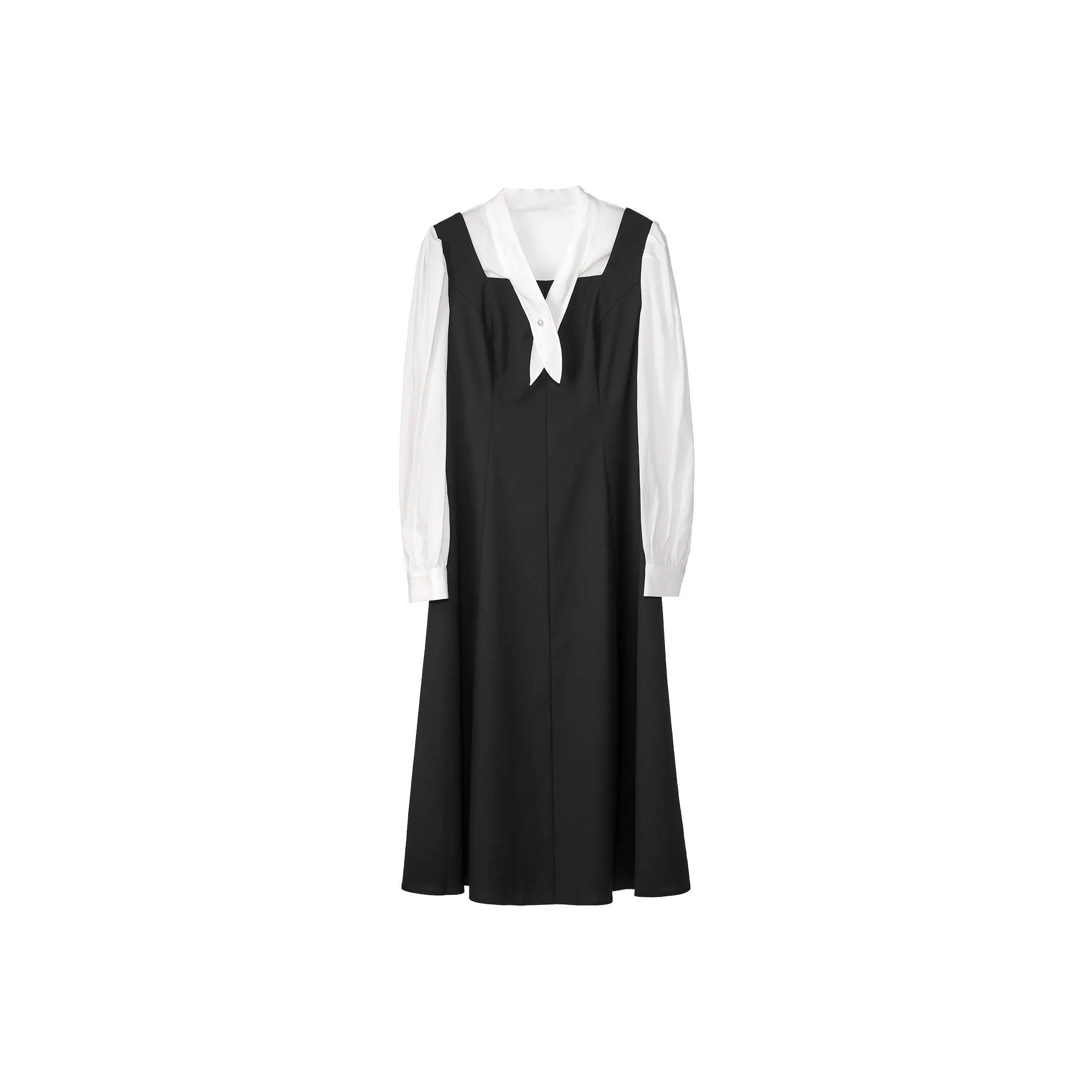 Fstudio Korean Style Color Block Mock Two Piece A Line Early Spring Dress Women's Black