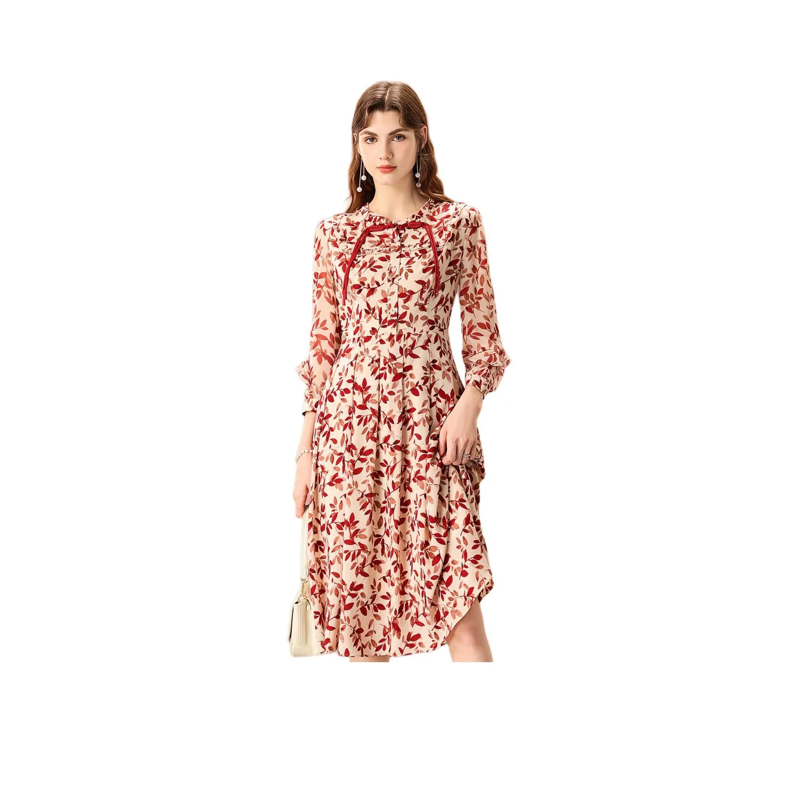 FENHONGMALI Long-Sleeved Dresses Women's Red Flower