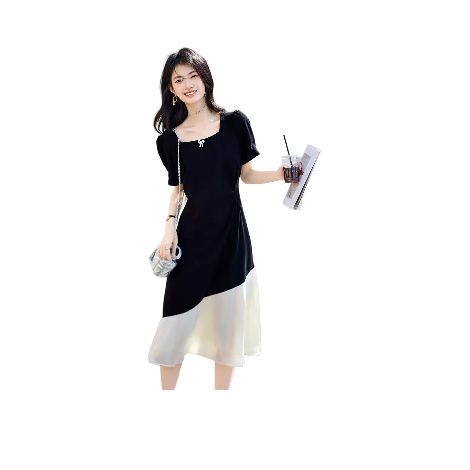 Still Quiet Короткий рукав Платье Женское Черное + Бежевое