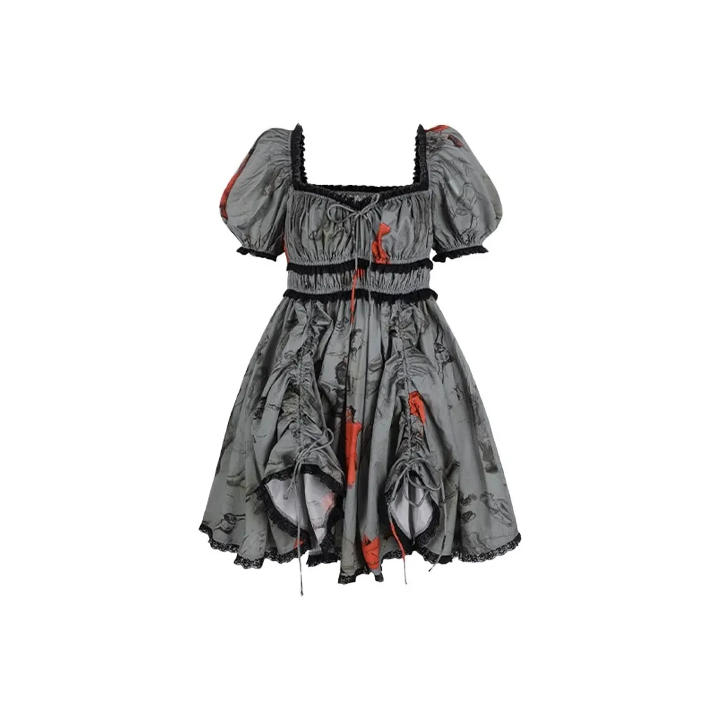 Selkie Collection Short Sleeved Dresses Women's Gray Green Base With Painting Draft Print