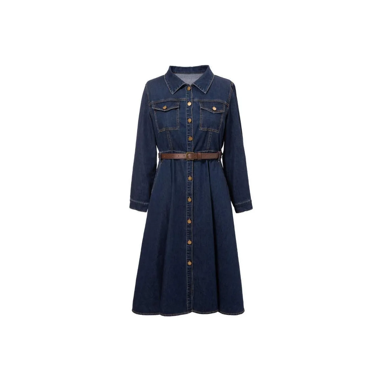 MSSHE Длинное платье с длинными рукавами женское темно-синий деним