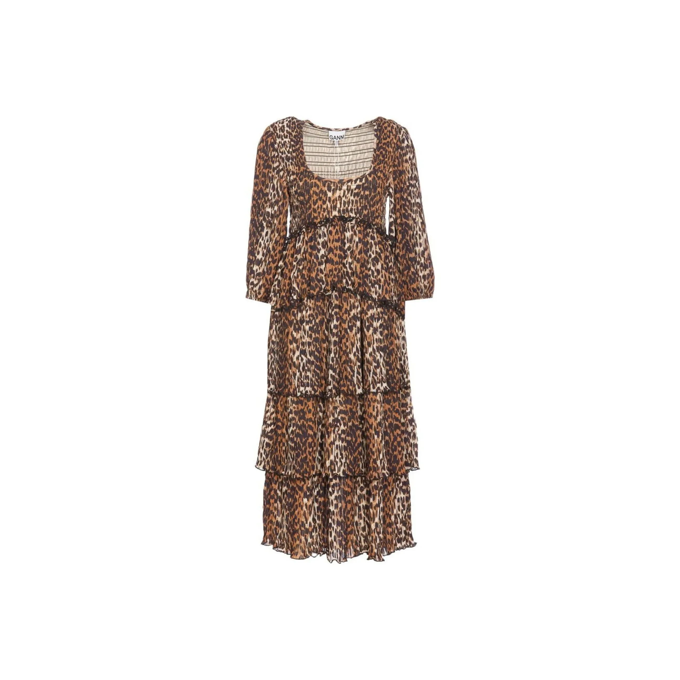 GANNI Leopard Printed Pleated U Neck Midi Dress