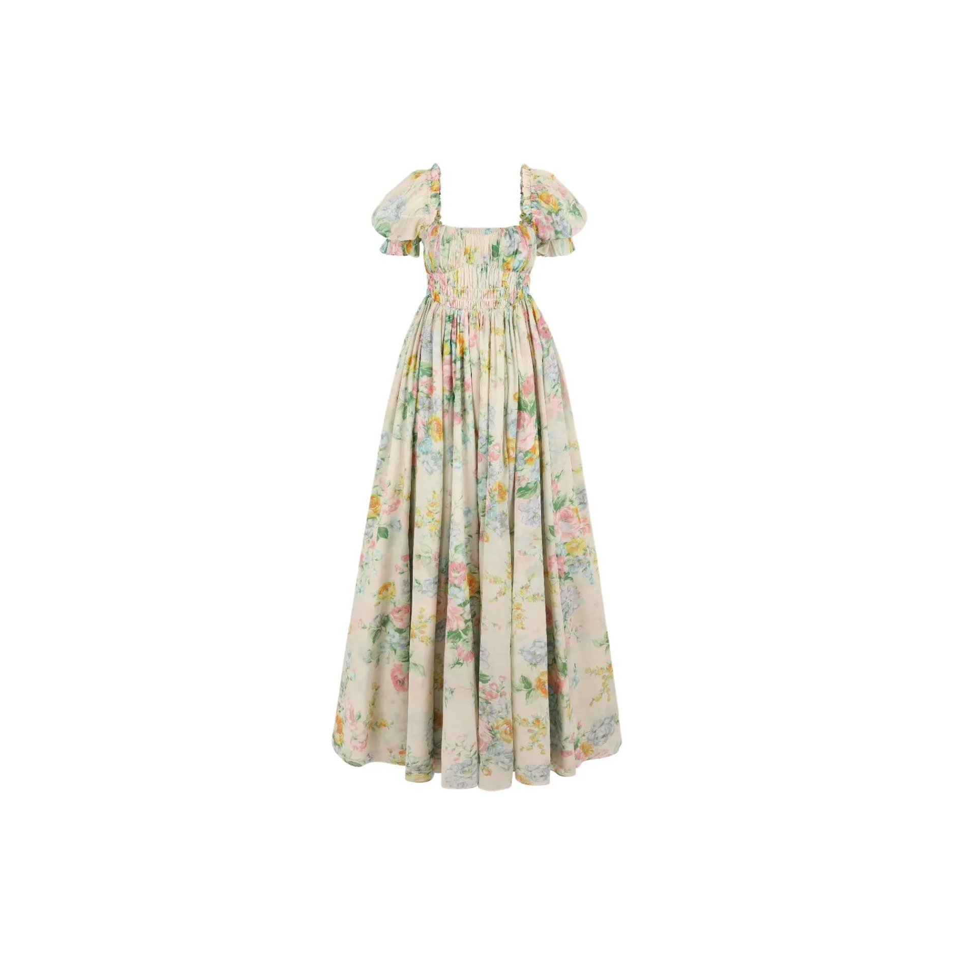 Selkie Коллекция Короткий рукав Платье Женское Абрикос с Лазурный Розовый Принт