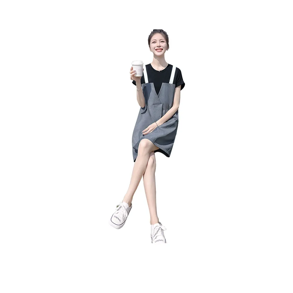 Cypress House Short Sleeved Dress Women's Black Top And Dark Gray Bottom
