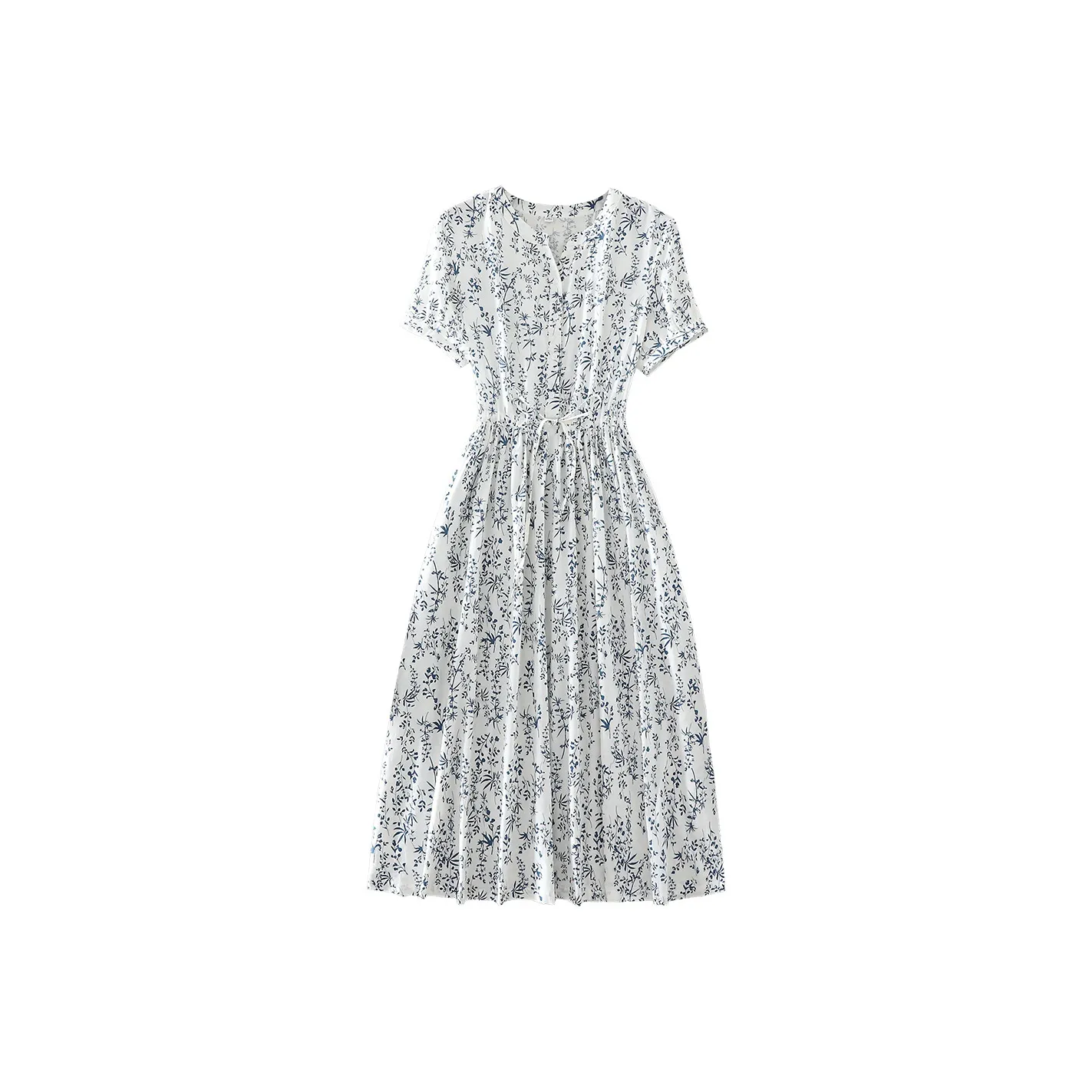 Ning Cai Yuer Короткий рукав Платье Женское Белый и Синий Керамика