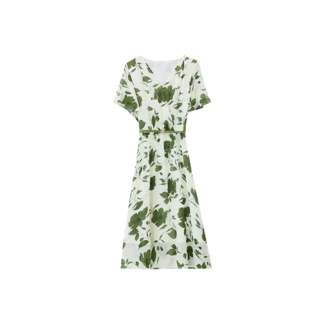 PLANE DRIFT Short Sleeved Dress Women's White Base Green Floral