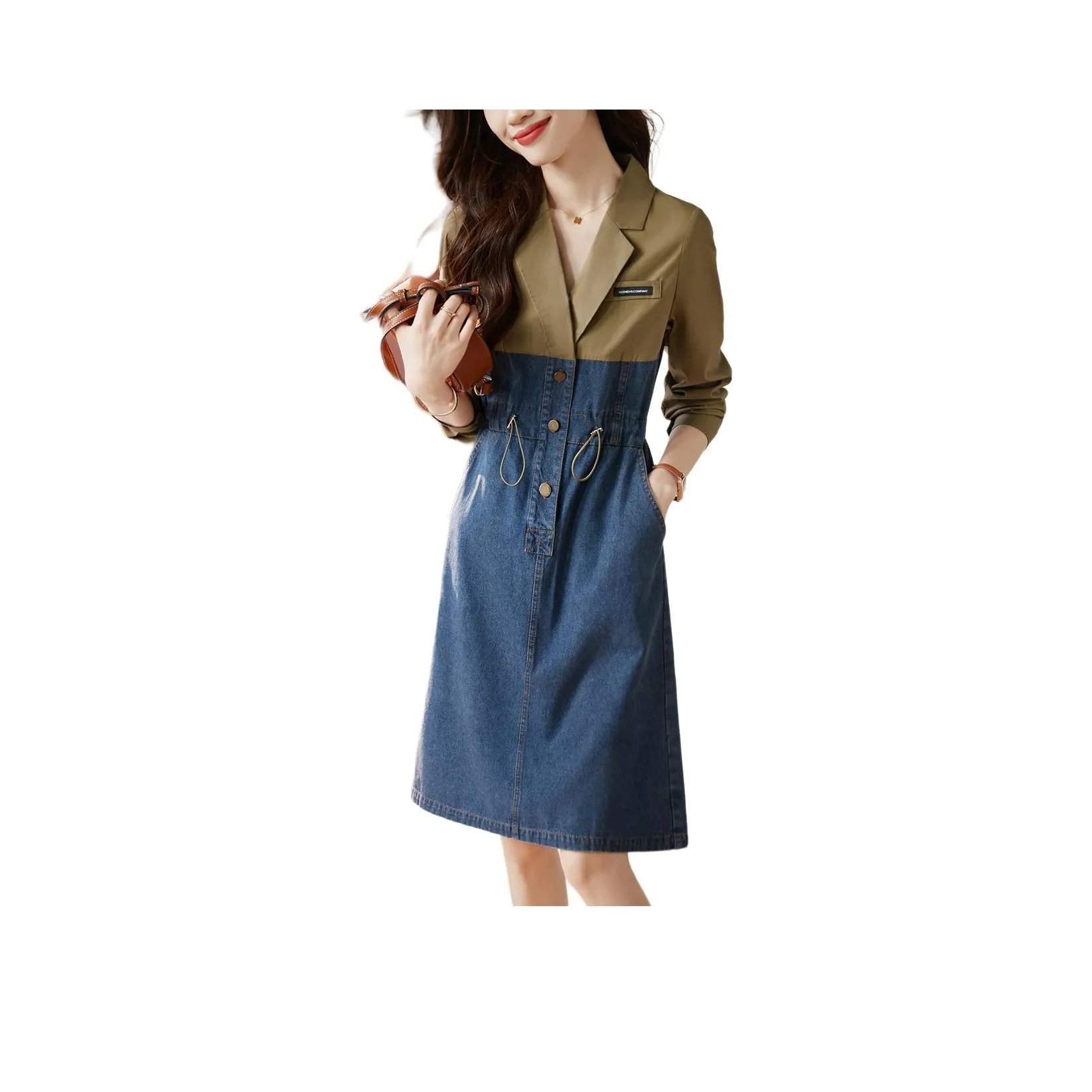 Mo Han Yi Mei Long-Sleeved Dresses Women's Denim Blue & Yellow Green