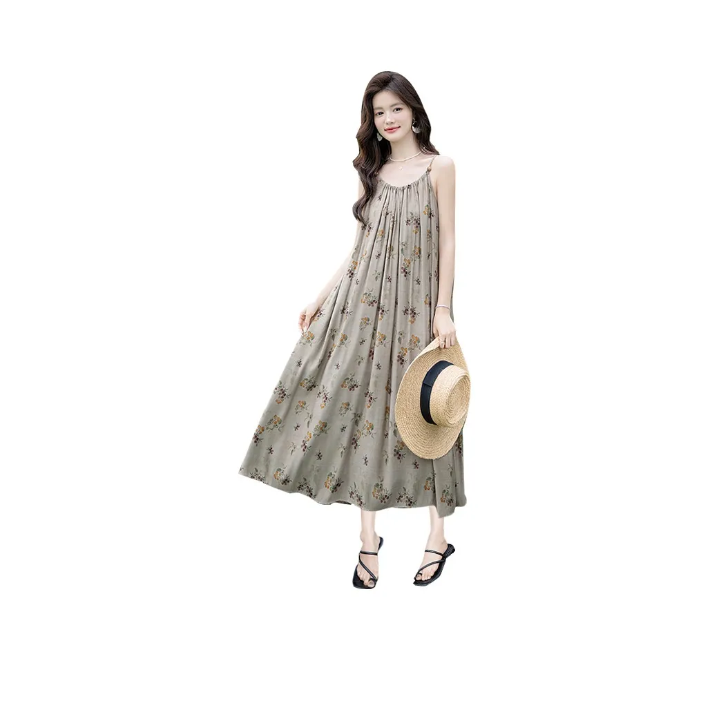 Cypress House Slip Dress Women's Khaki Base With Purple Green Floral