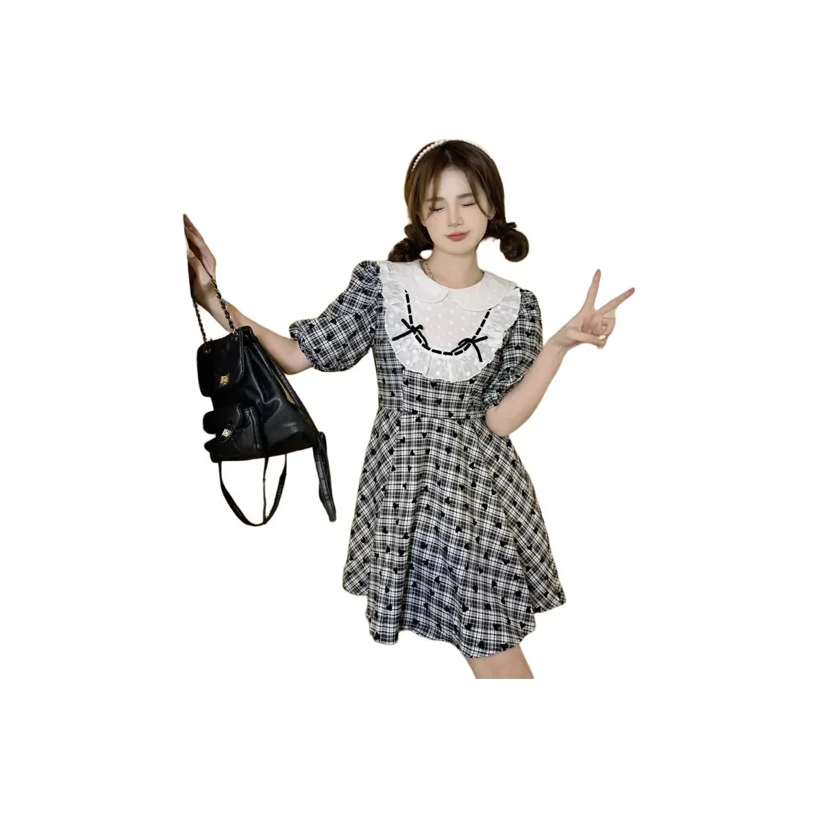 PLAY BUSH Короткий рукав Платье Женское Черный Белый Клетка