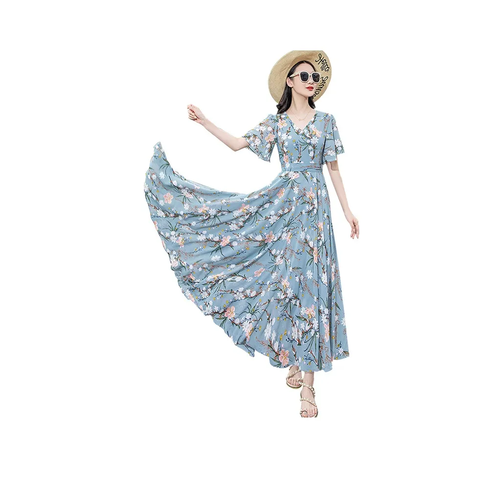 Cypress House Короткий рукав Платье Женское Синие с цветочным принтом