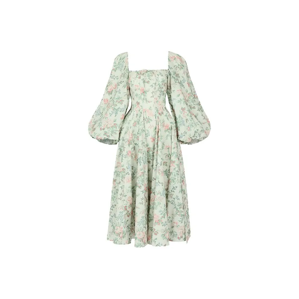 Selkie Collection FW23 Long Sleeved Dress Women's Light Apricot With Green Leaf Rose Print