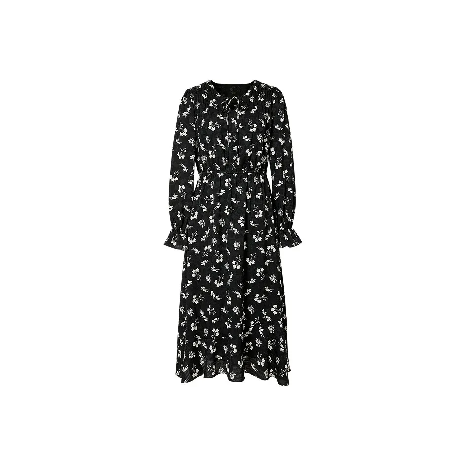 Hopeshow Длинное платье с длинными рукавами женское черное с цветами