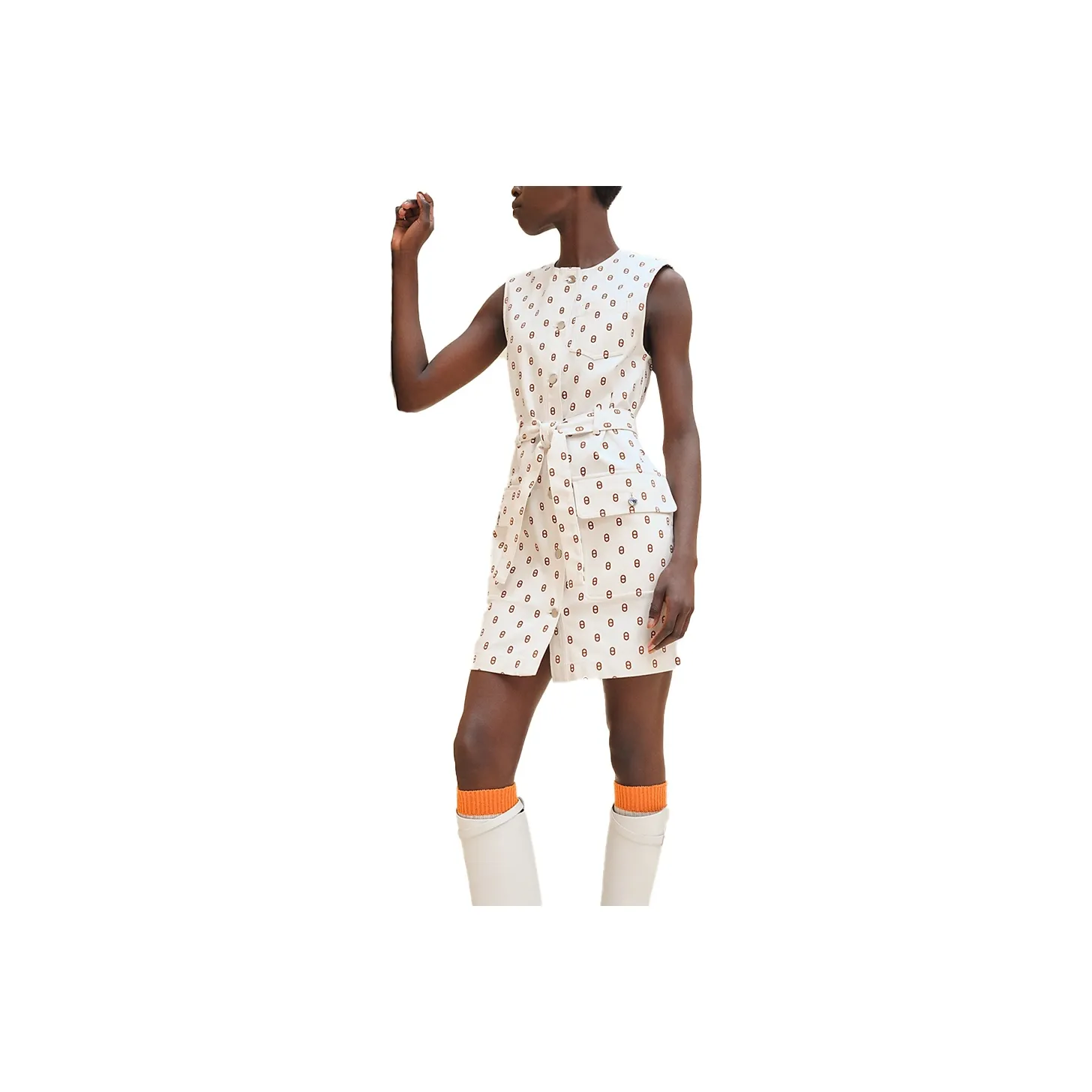HERMES Sleeveless Dress Women's Light Yellow Umber