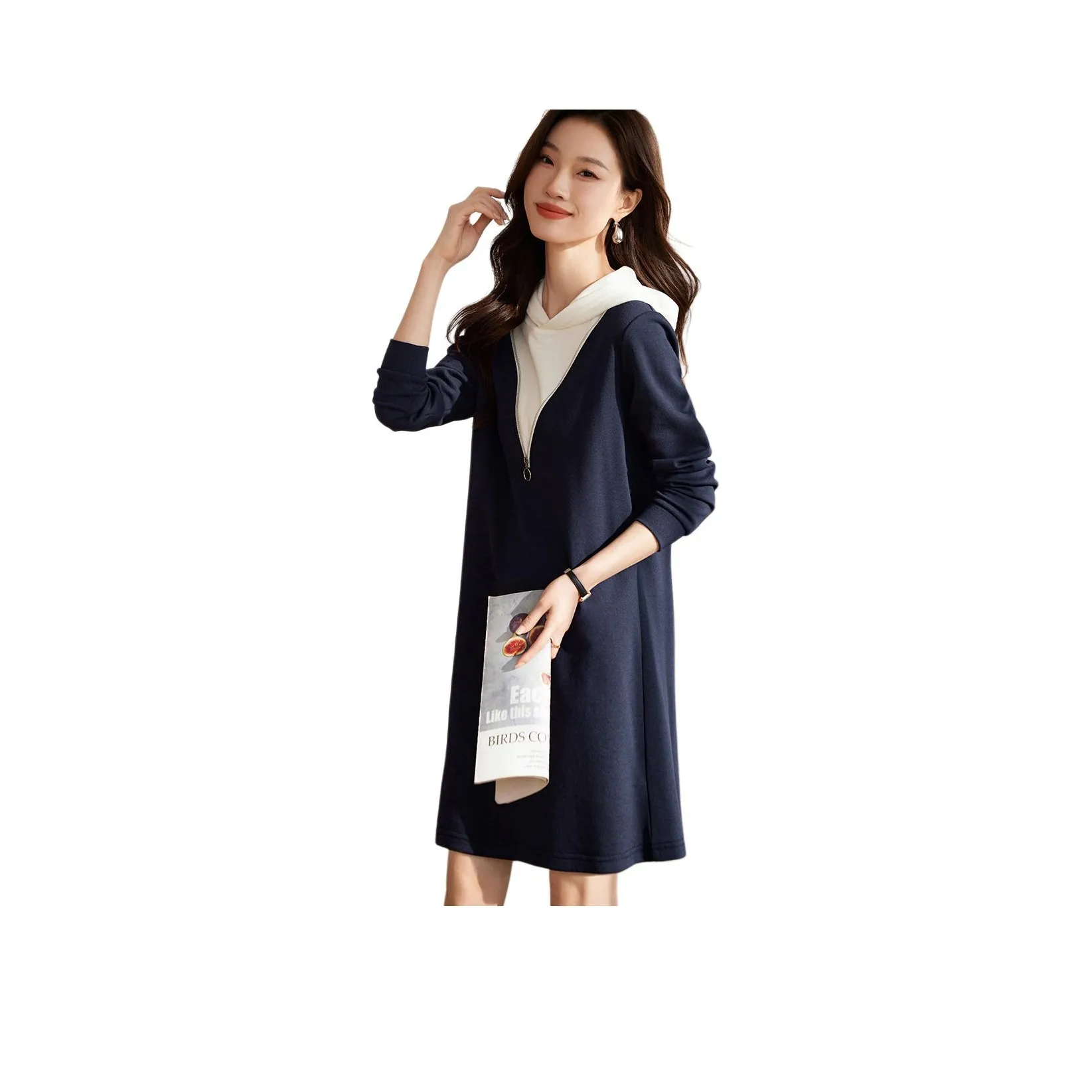 Mo Han Yi Mei Длинное платье с длинными рукавами женское темно-синий