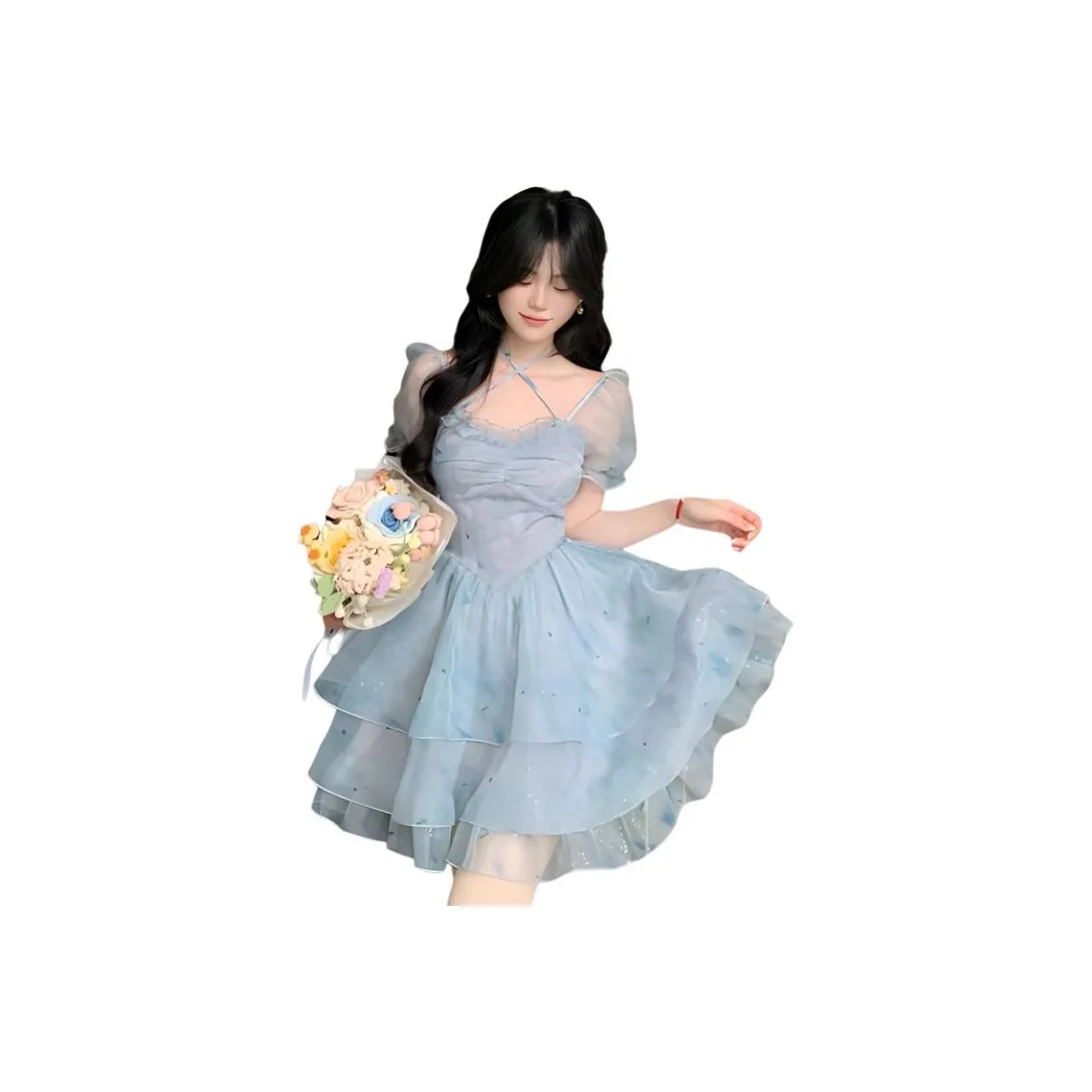 CHARM GLOW Короткий рукав Платье Женское Синий