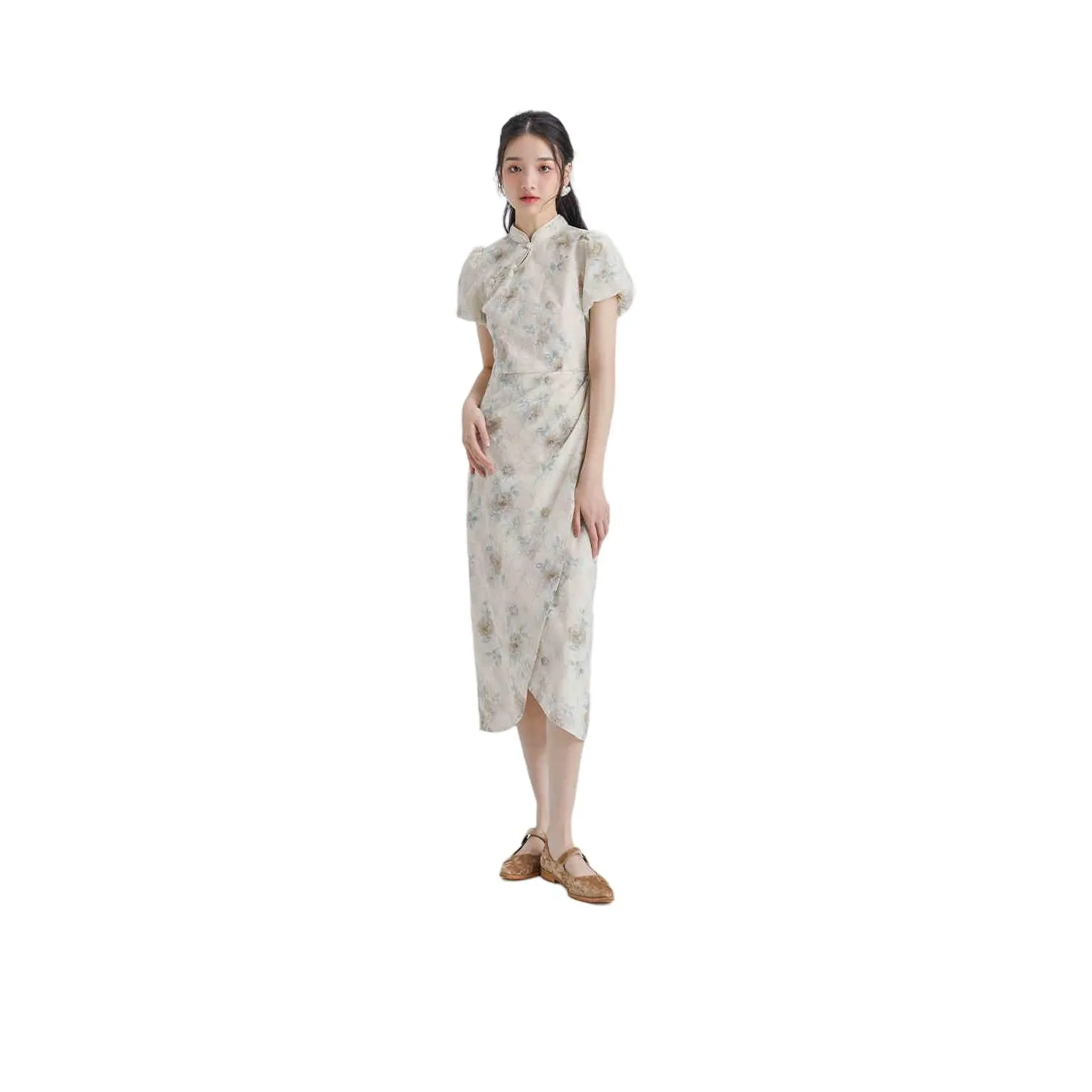 DEAR DEER PUFF Short Sleeved Dress Women's Long Cheongsam