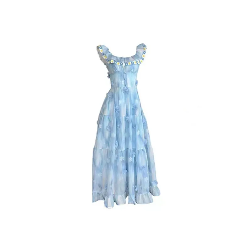 MO VOICE Slip Платье Женские Акварель Синий Эластичный Плечевой ремень