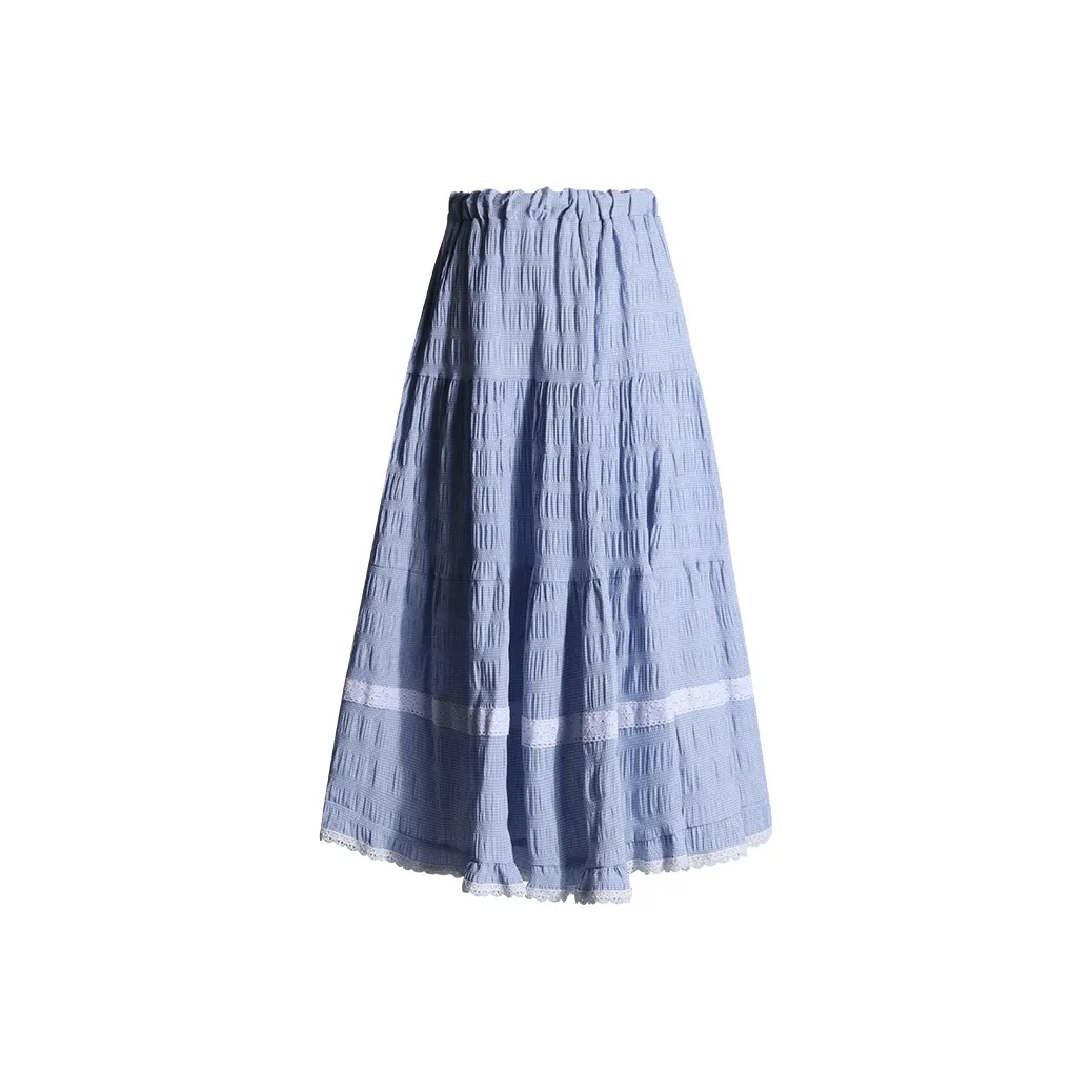 Wen Shan Casual Long Skirt Women's Plaid Blue