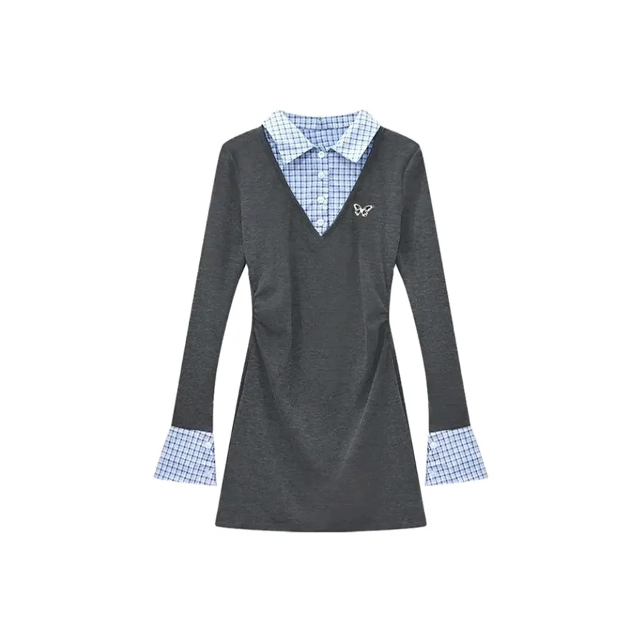 PZGE Длинное платье с длинным рукавом женское темно-серое