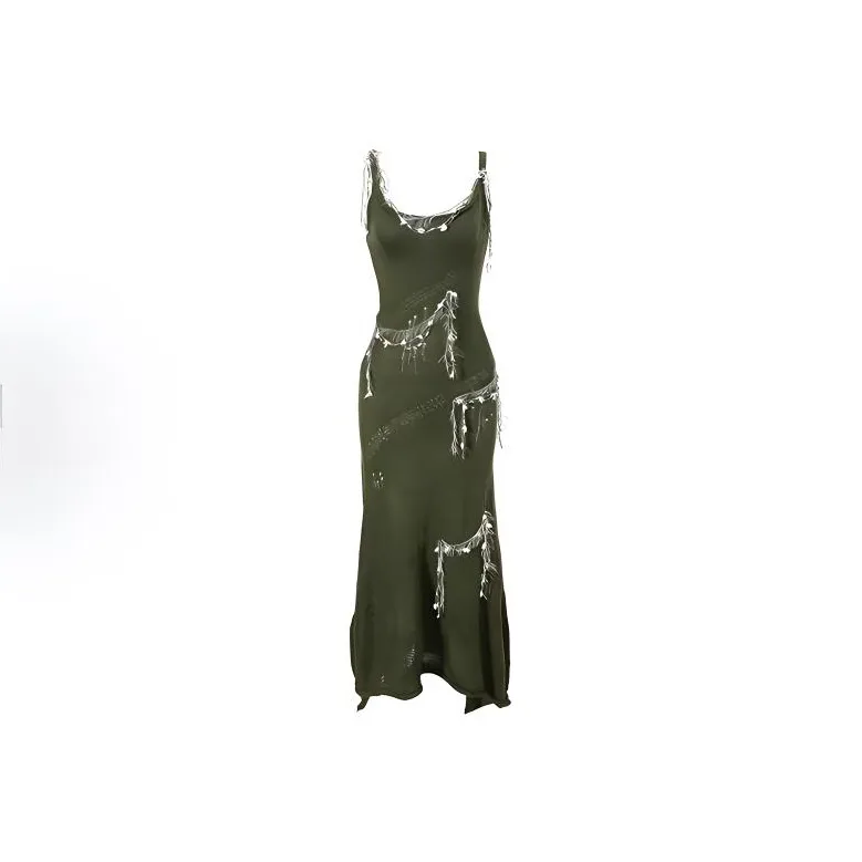 TIBINB Slip Платье Женское Винтаж Оливково-зеленый