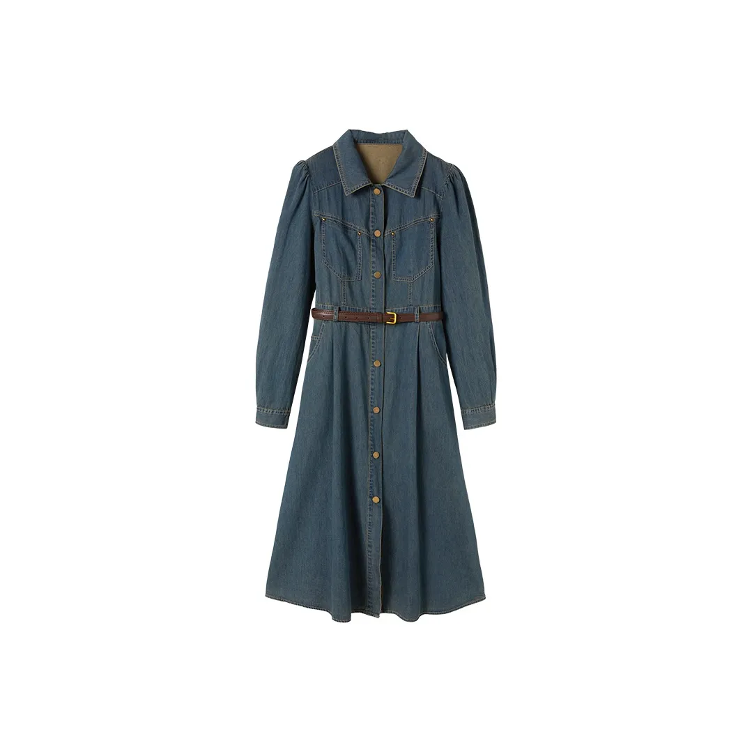 XIANGYING Длинное платье с длинными рукавами женское джинсовый синий