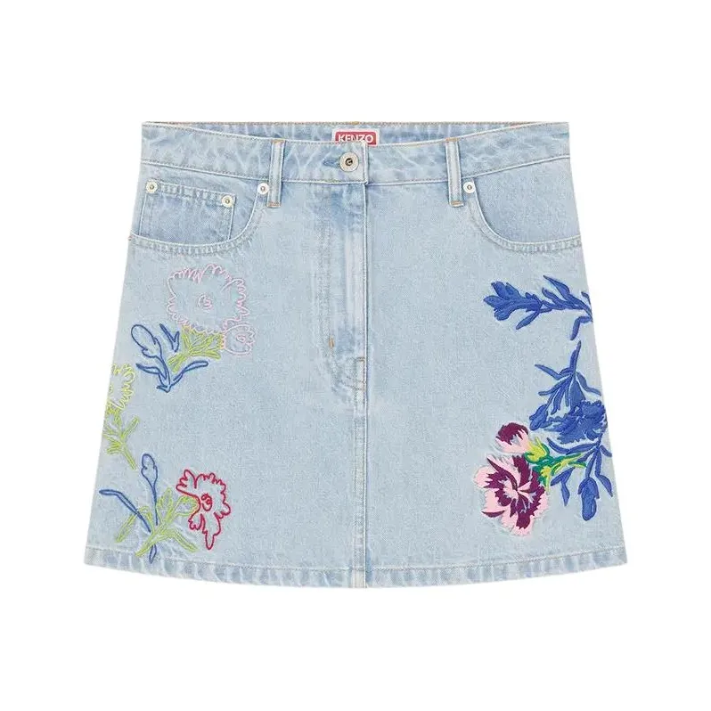 KENZO Floral Embroidered Buttoned Denim Mini Skirt