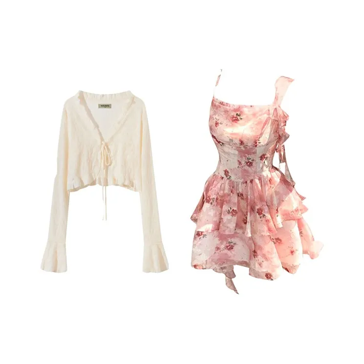 Lookinto Длинное платье с длинными рукавами женское розовое [Кардиган + Платье-комбинация]