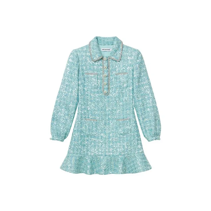Self portrait Long Sleeved Dress Women's Green Mixed Color