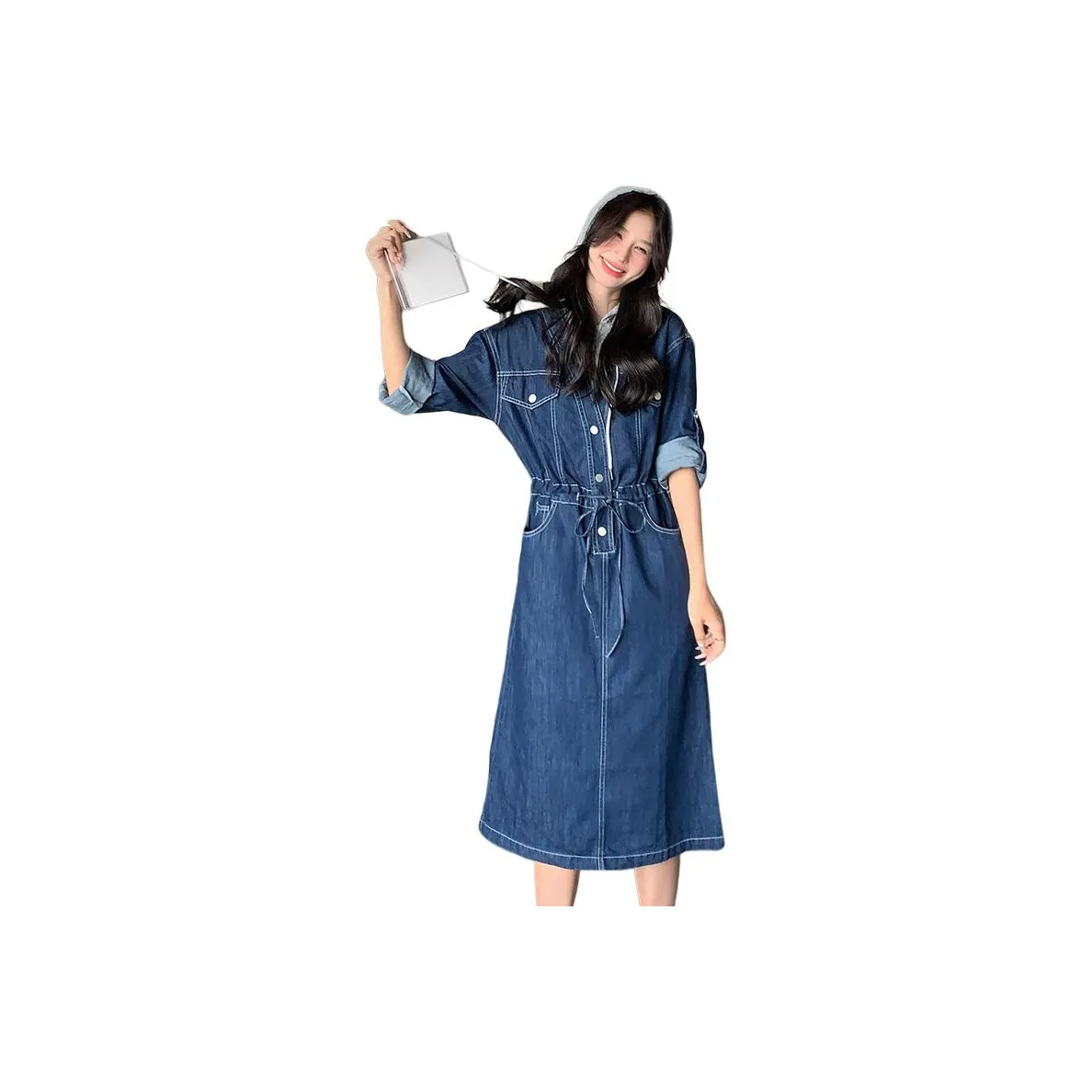 La Chapelle Длинное платье с длинными рукавами женское джинсовый синий