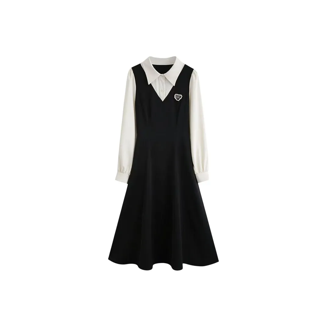 TIBINB Длинный рукав Платье Женское Черное Белое