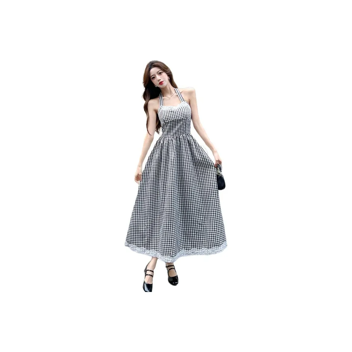 HUINIAN Slip Dress Women's Black White Plaid