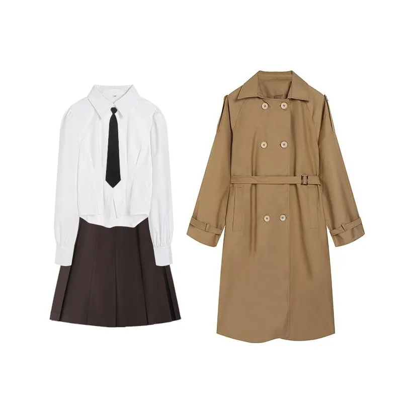 Ice cream and whale С утяжкой на талии Рубашка Длинный рукав + Коричневый Коробка Pleat Юбка + Хаки ТРЕНЧ Пальто + Черный Галстук Женские Повседневные костюмы