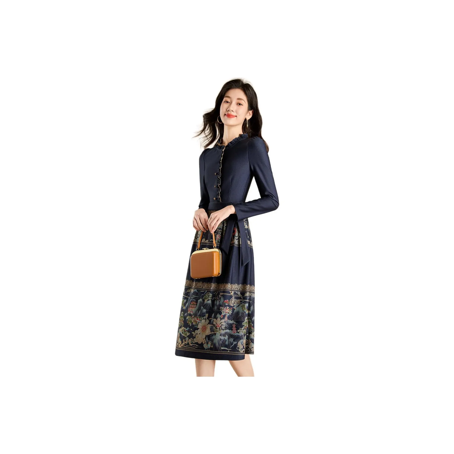 Mylan Spring, Fall Long Sleeved Dress Cinched Waist Women's Blue