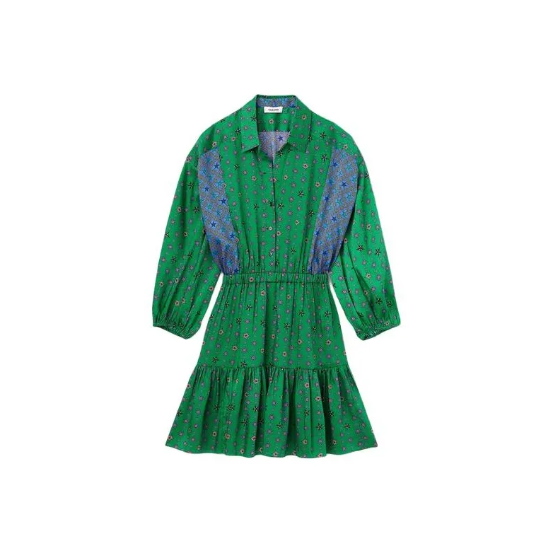 Sandro Printed Shirt Dress Long Sleeved Dress Women's Green