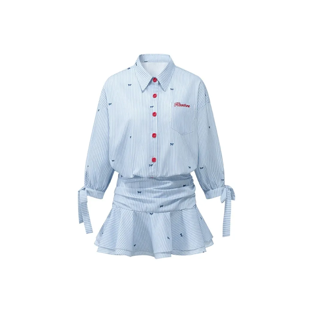 XIAOJUCHUANLI Long Sleeved Dress Women's Blue White Stripes