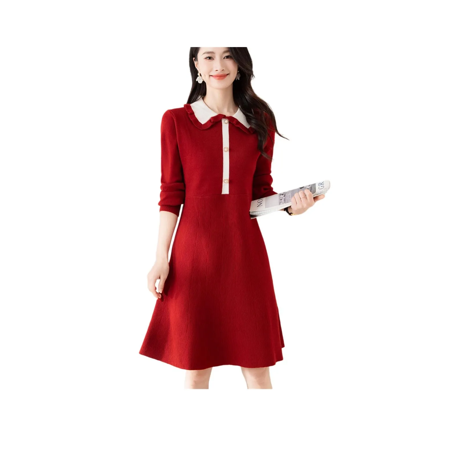 X MOOM Длинное платье с длинными рукавами женское бордового цвета