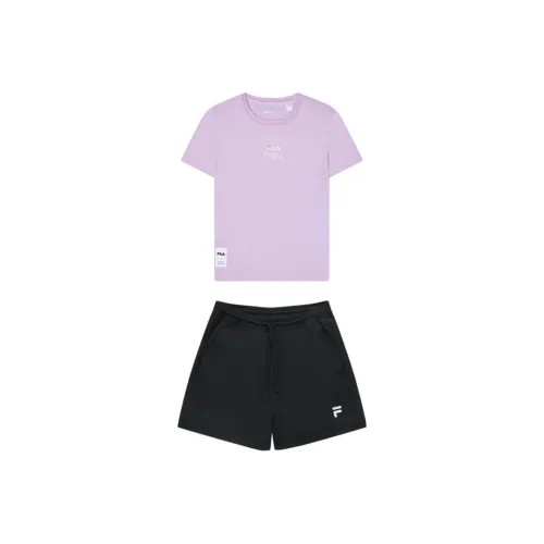 FILA Набор AUTUMN Вишнево-фиолетовый T Рубашка + Черные Шорты Женские Повседневные Костюмы