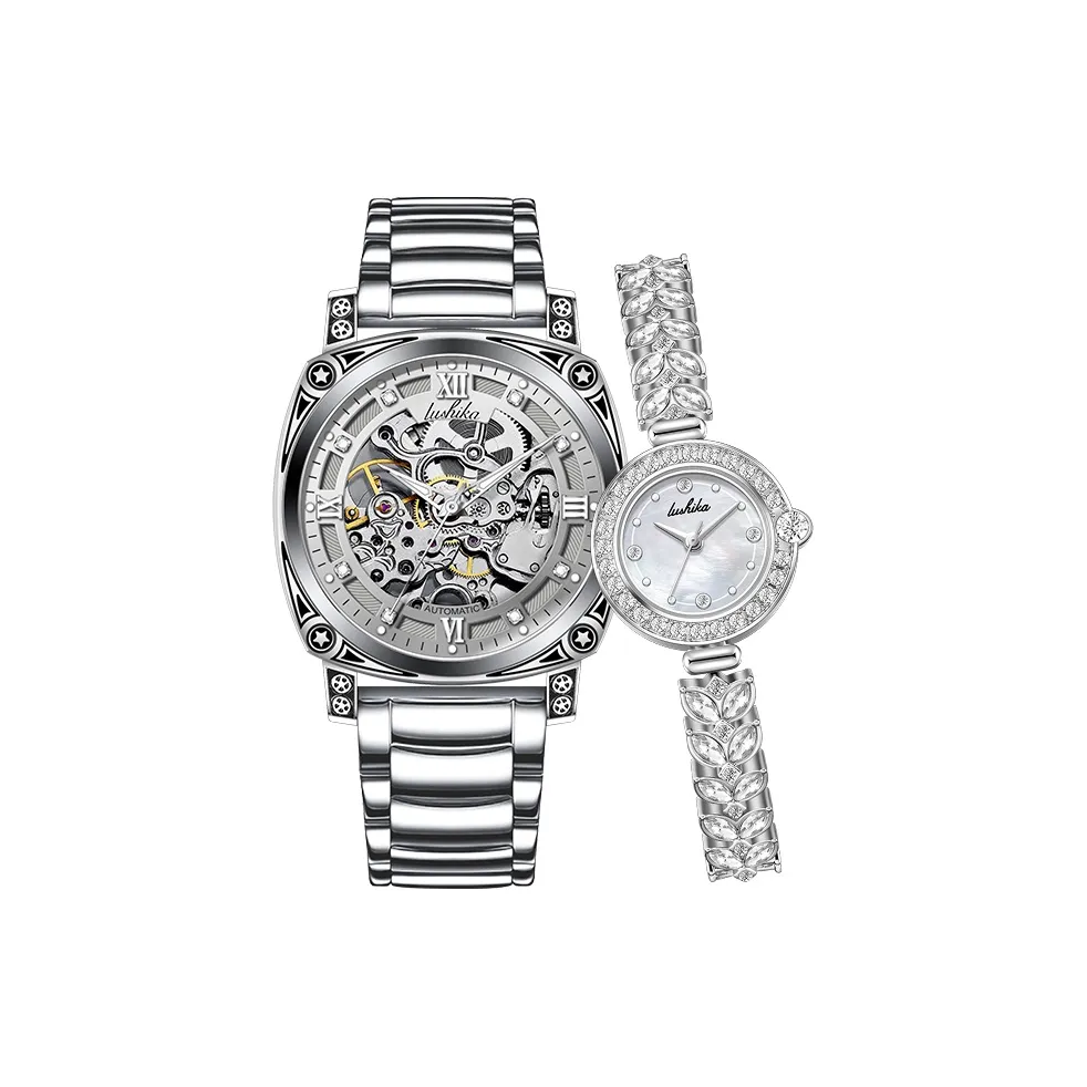 Lushika Кварцевый Автоматический Механический Механизм Ремешок из Нержавеющей Стали Часы Унисекс Серебристый Циферблат