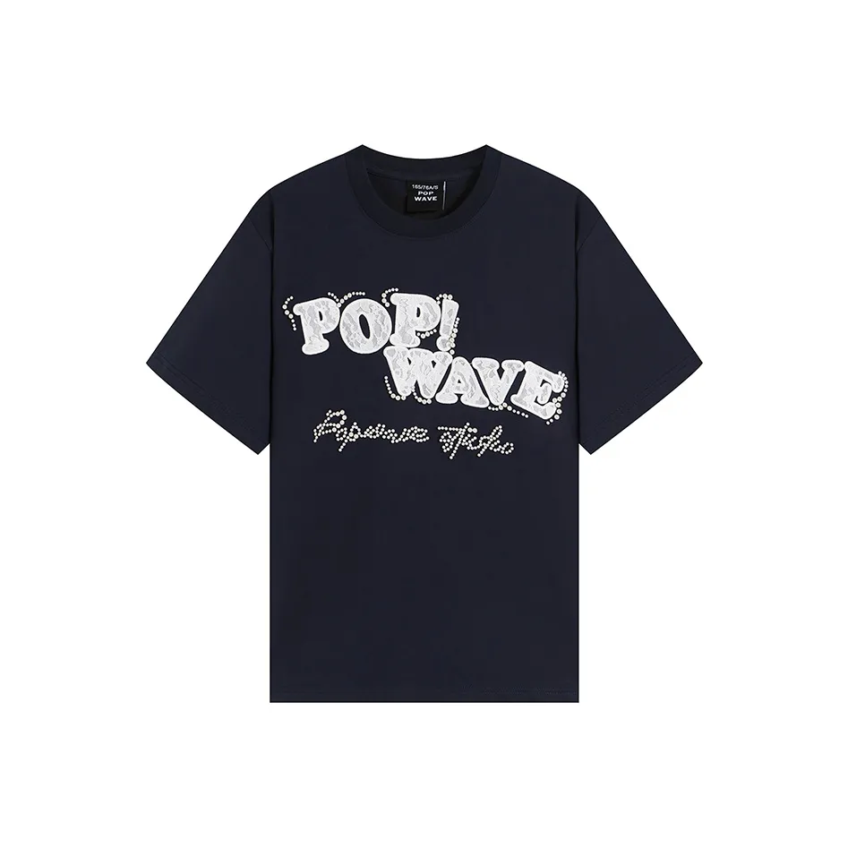 POPWAVE Темно-синий Кружево Аппликация Короткий Рукав Топ Женские Рубашки T