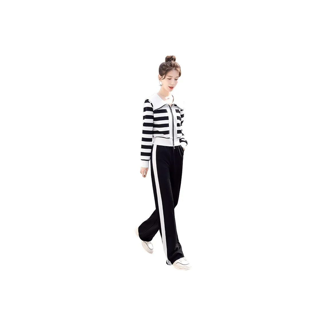 Cypress House Casual Suit Women's White Base With Black Stripes Pattern+Black Pants