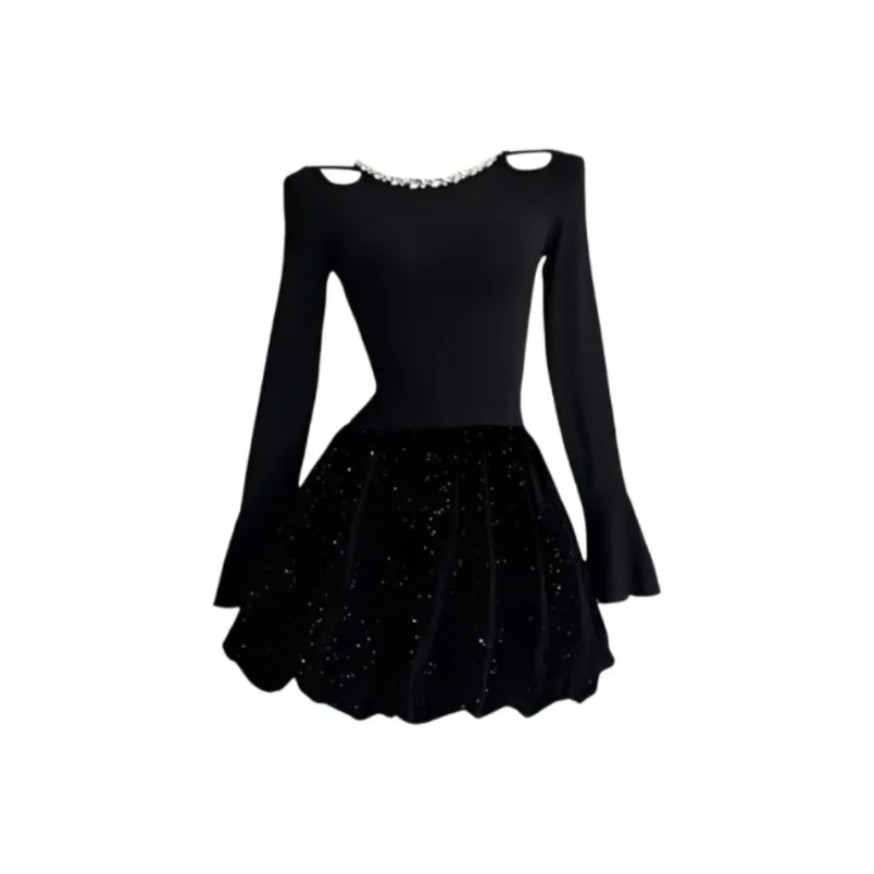 XIAOJUCHUANLI Длинный рукав Платье Женское Искрящийся Маленькое черное платье