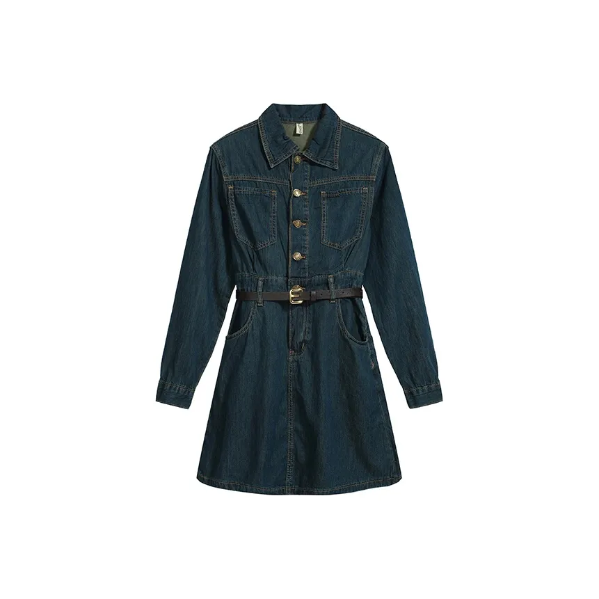 PLANE DRIFT Длинный рукав Платье Женское Темно-синий Укороченный