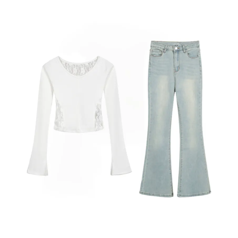 Icicofficial Повседневный Костюм Женская Белая Толстовка + Светло-Синие Джинсы