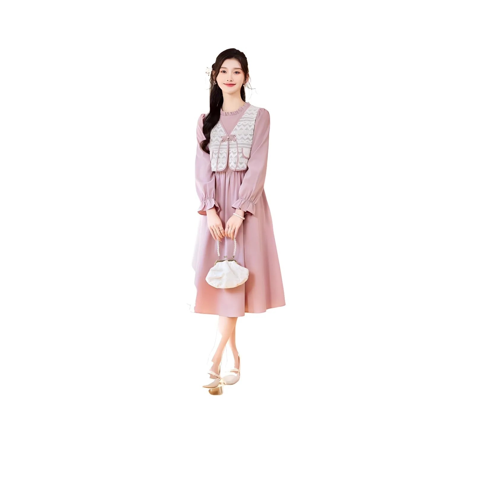 Like The Age Of Water Spring Long Sleeved Dress Slim Fit Women's Pink Purple